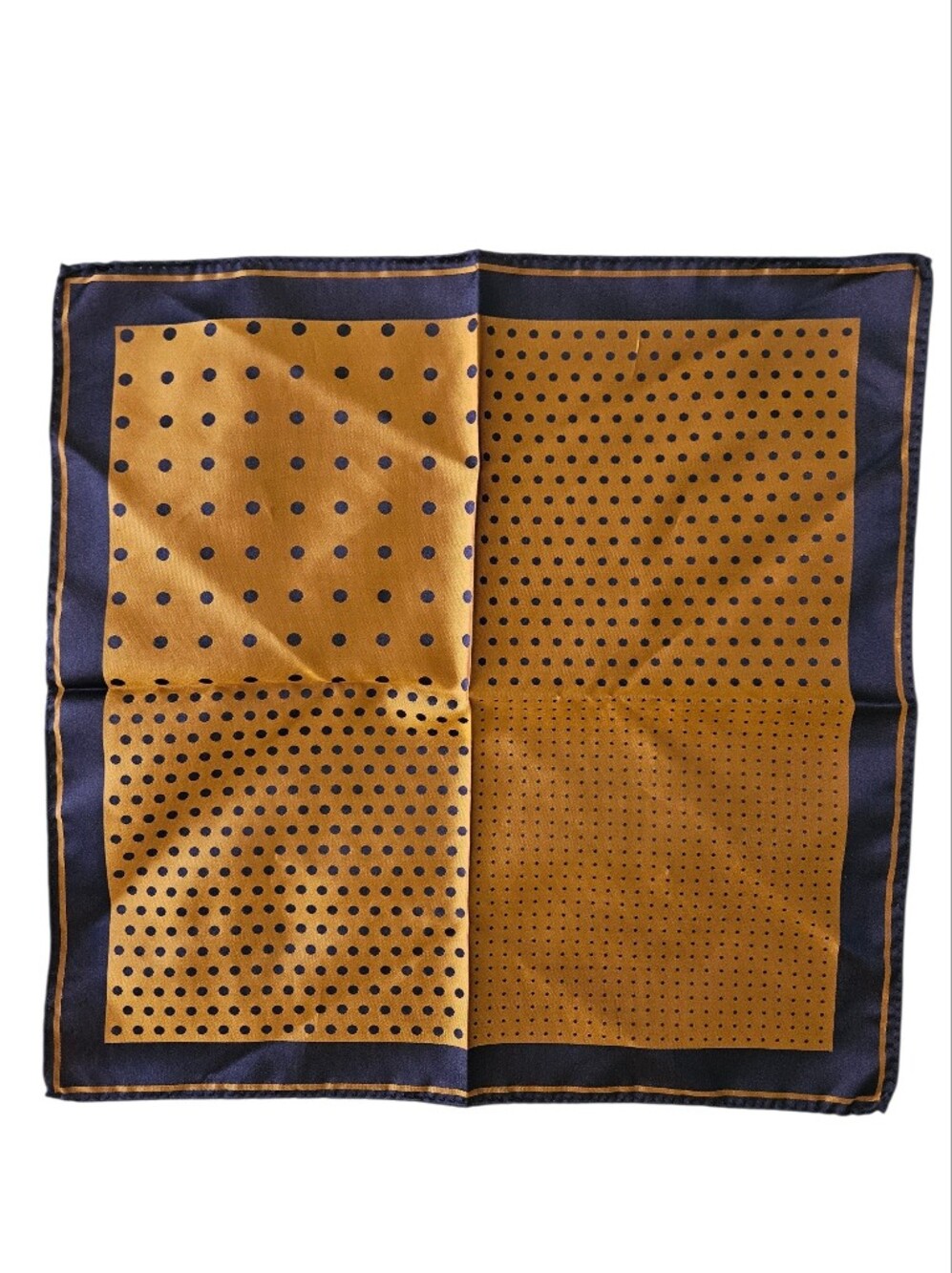 Luxury Men's Silk Gold Navy Blue Polka Dot Multi-Pattern Pocket Square | SZ 13" - Picture 2 of 6